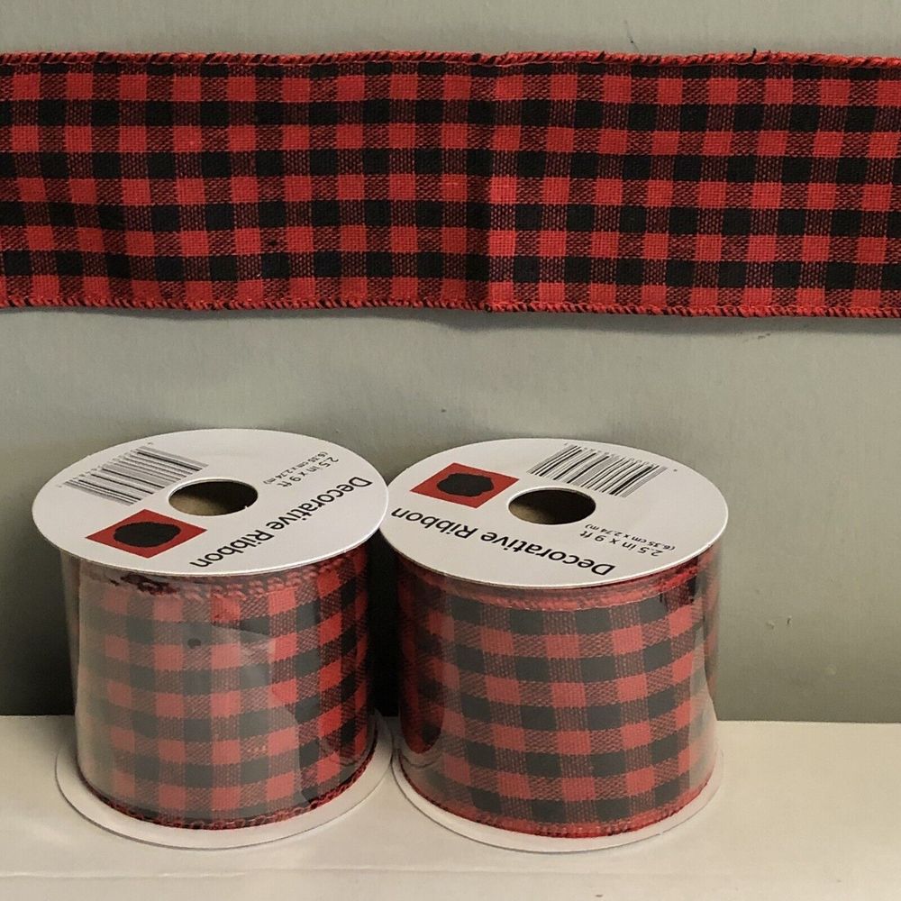 Red Black Buffalo Plaid Ribbon -2.5 in x 9 Ft , Wired Edge, Lot Of 2 PCs - Picture 2 of 5